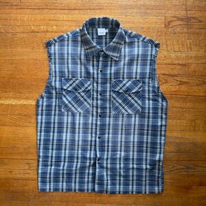 Mens Blue Plaid Sleeveless Button Up Shirt Cut Off Flannel